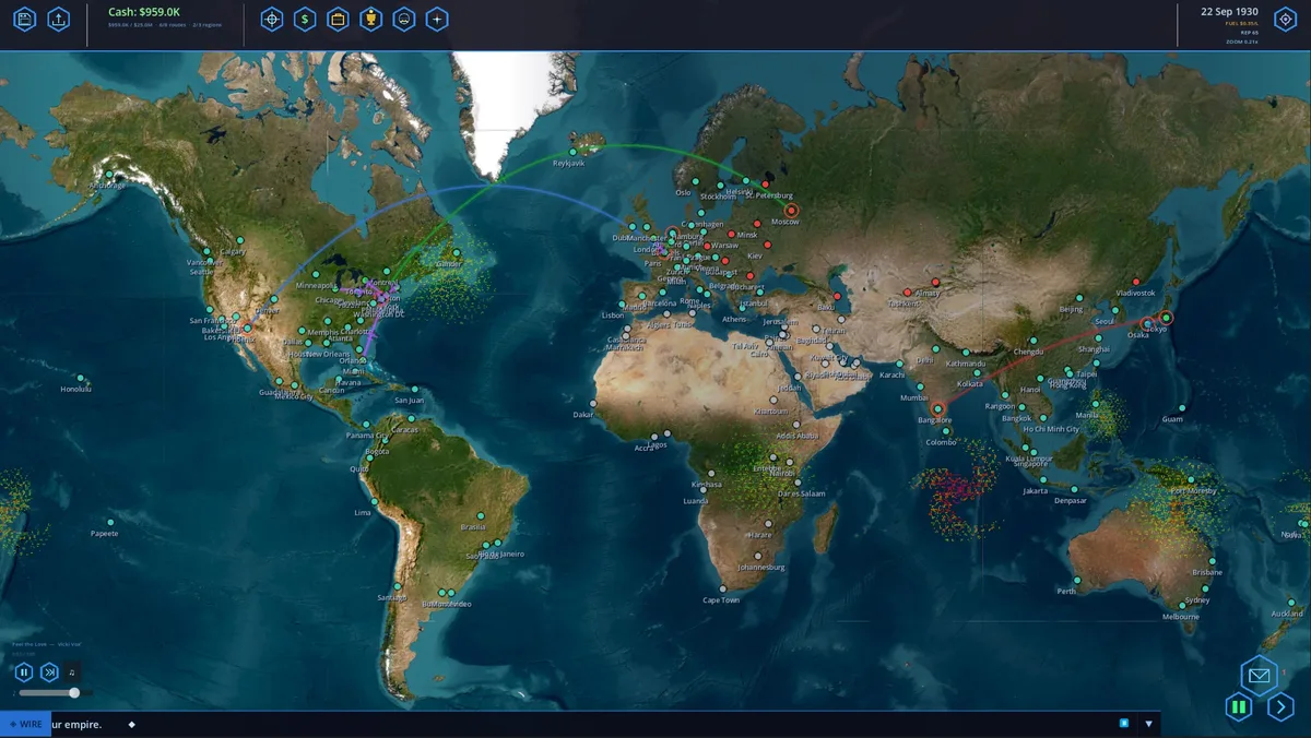 Global route map with great circle flight paths