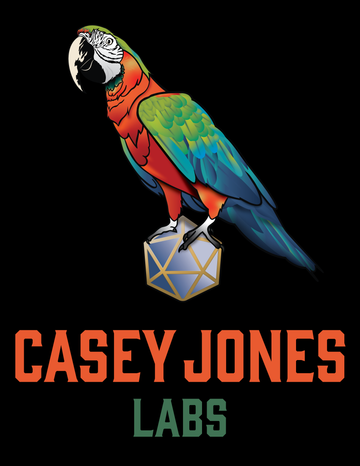 Casey Jones Labs logo, a colorful macaw perched on a d20 die